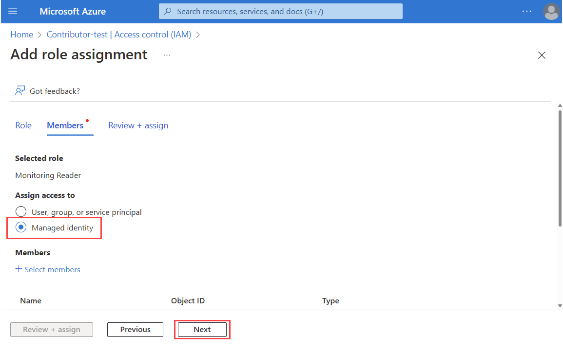 Screenshot showing the process to assign a role to a managed identity.