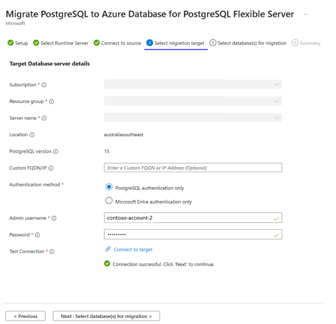 Screenshot of the connect target migration screen.