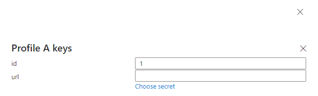 Screenshot of the Azure portal. It shows the Profile A keys popup.