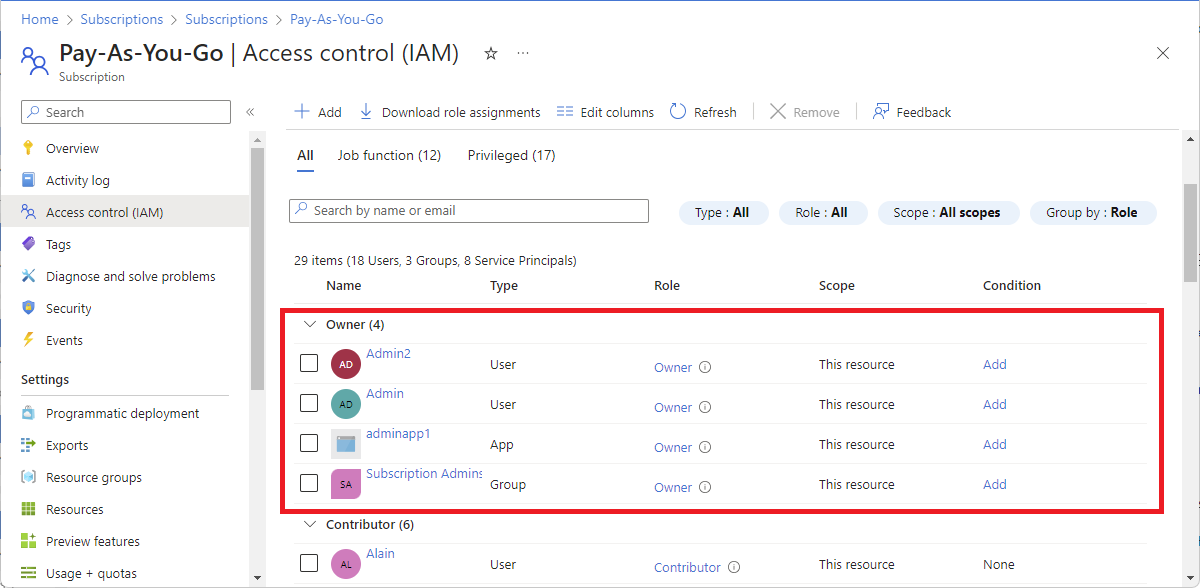 Screenshot of subscription Access control and Role assignments tab.