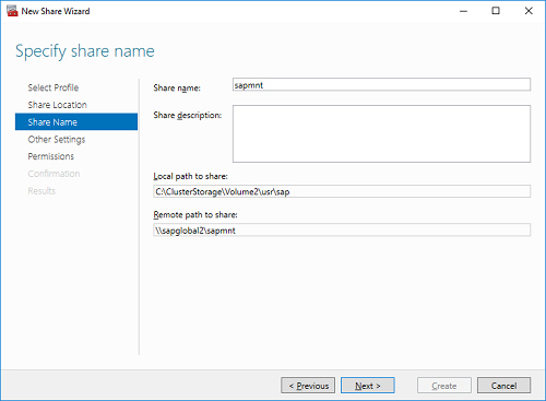 Figure 9: Set file share name to "sapmnt"