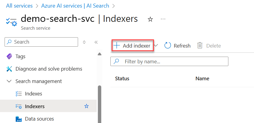 Screenshot that shows the Add indexer button.