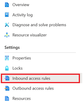 Screenshot of the left hand menu with inbound access rules selected.