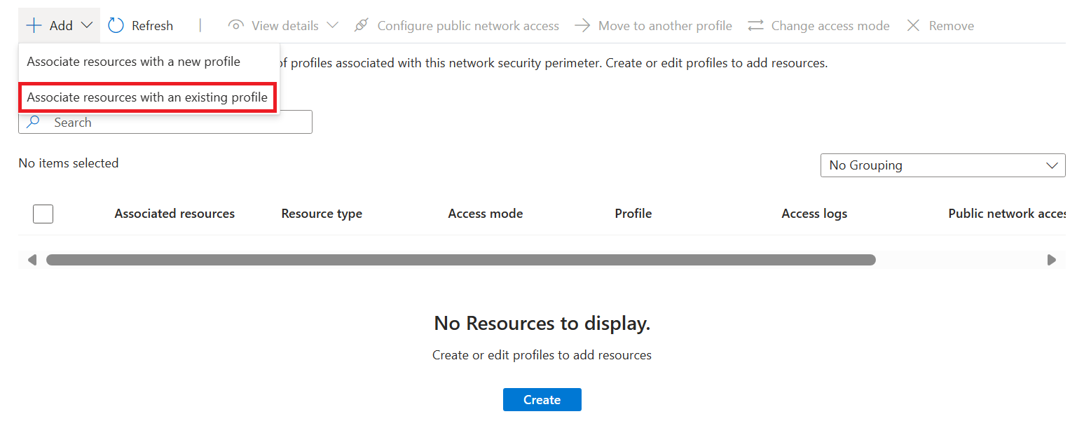 Screenshot of network security perimeter associate resource button.