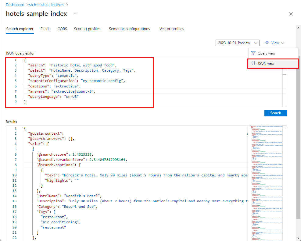 Screenshot showing JSON query syntax in the Azure portal.