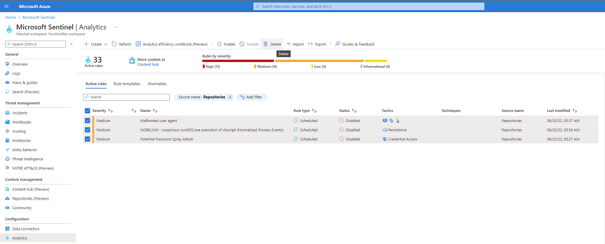 Screenshot of analytics rules filtered by source name of repositories.