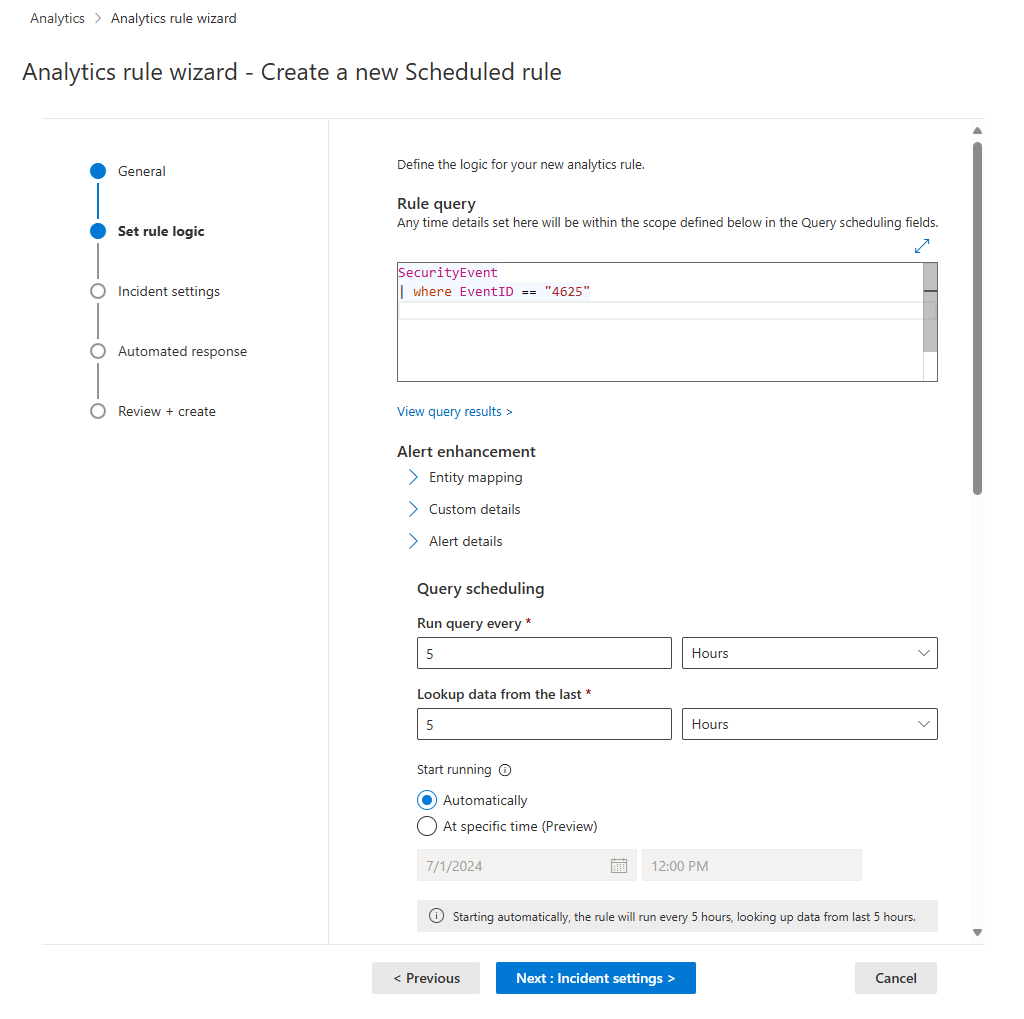 Screenshot of first half of set rule logic tab in the analytics rule wizard in the Defender portal.