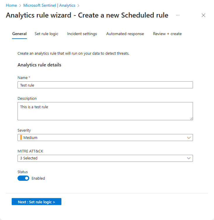 Screenshot showing the Analytic rule wizard for creating a new rule in Microsoft Sentinel.