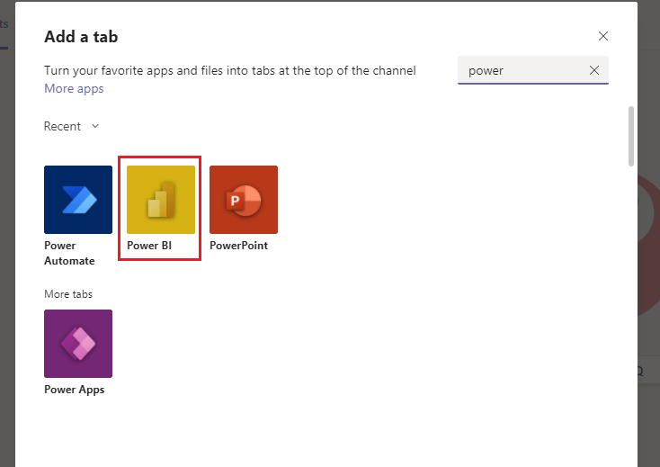 Screenshot that shows selecting Power BI in the Add a tab window in Teams.