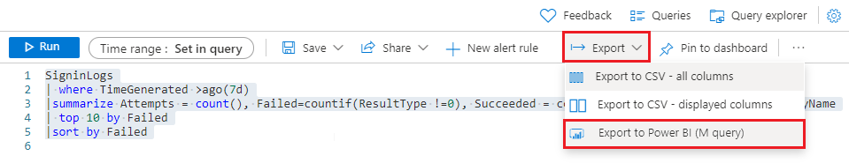 Screenshot showing query Export to Power BI M format.