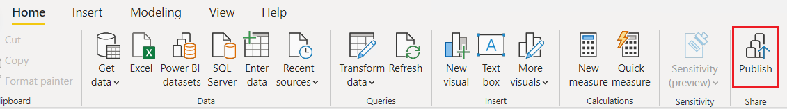 Screenshot showing Publish in the Power BI Desktop ribbon.