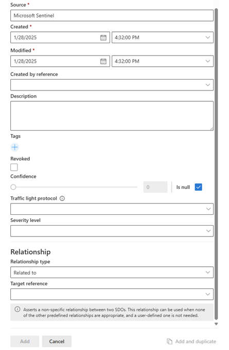 Screenshot showing new STIX object creation and the common metadata available to all objects.