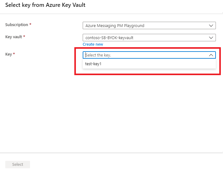 Screenshot that shows how to select a key from key vault.