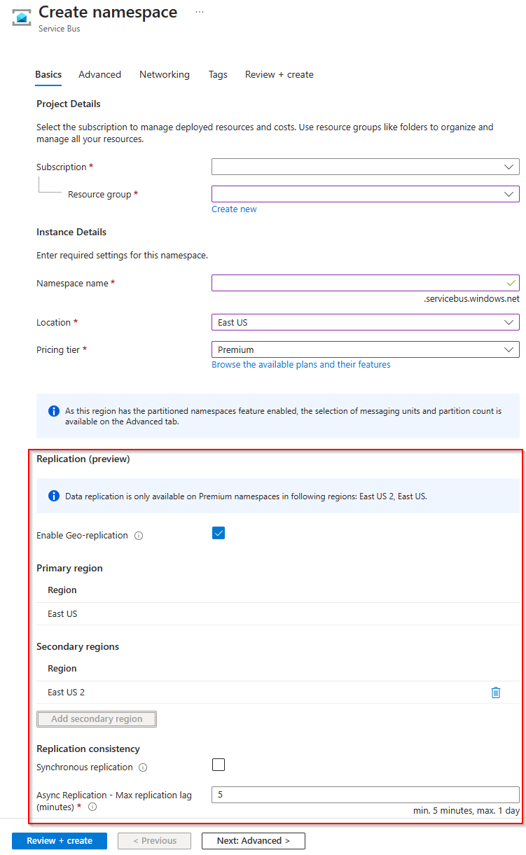 Screenshot showing the Create Namespace experience with Geo-Replication enabled.