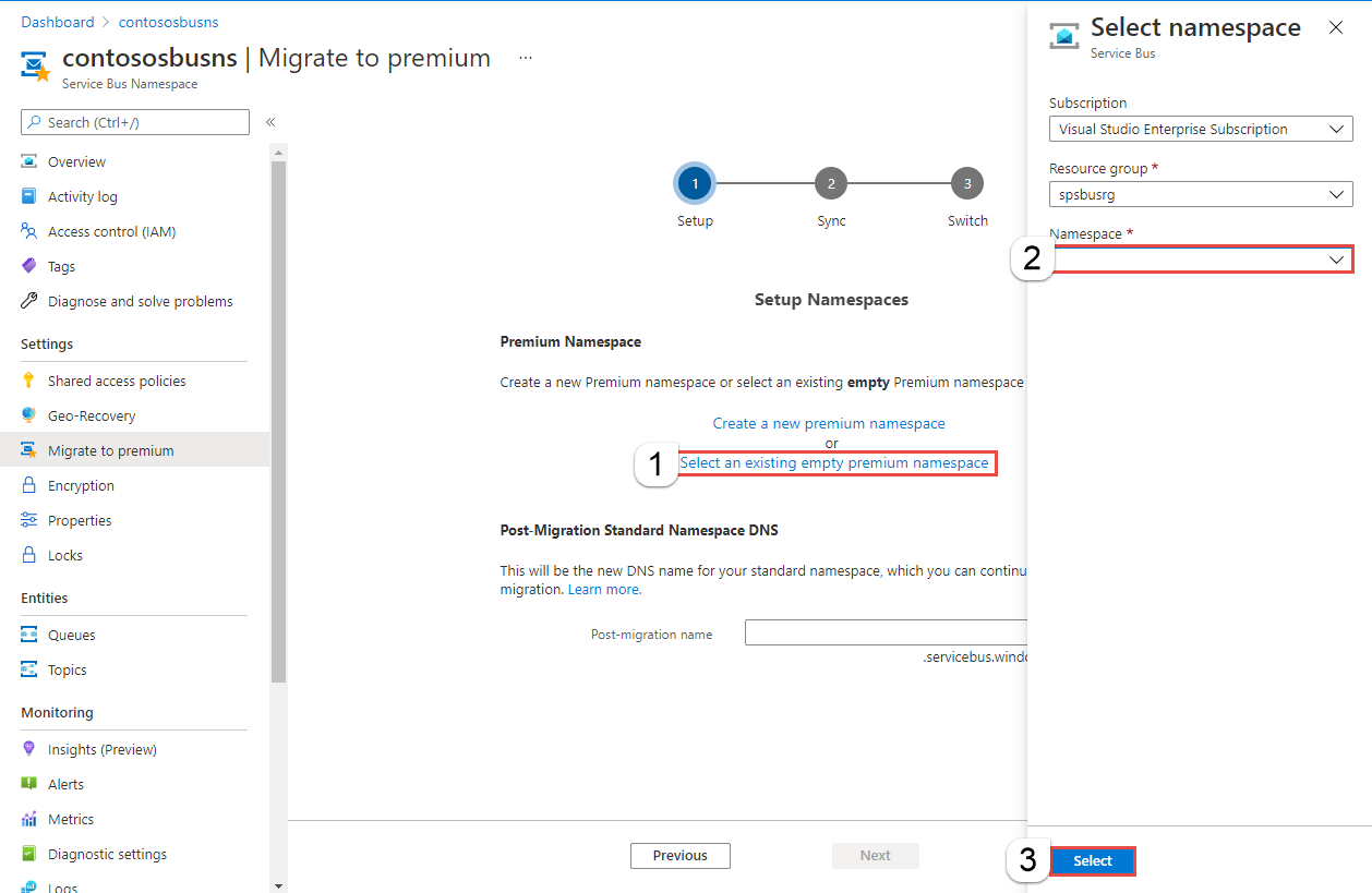 Image showing the selection of an existing premium namespace.