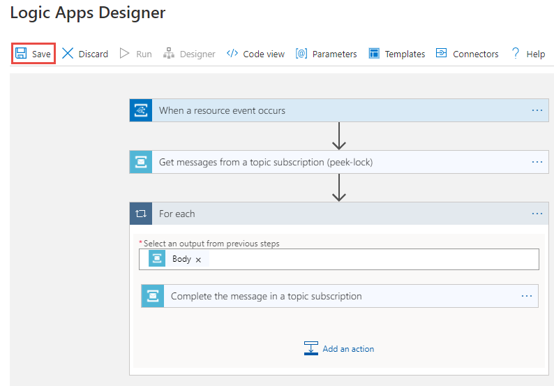 Screenshot that shows the Save button in the Logic app designed.