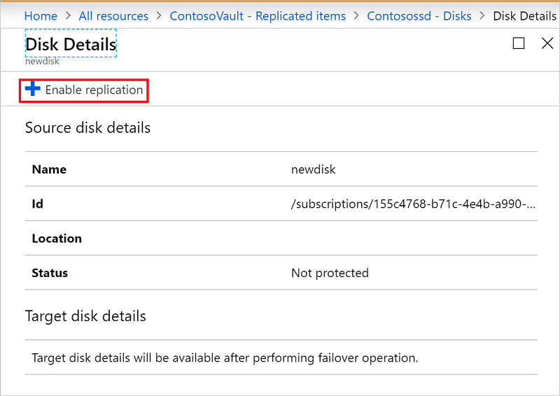 Screenshot that displays replication enabled for a newly added disk.