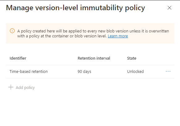 Screenshot showing how to configure a default version-level retention policy for a storage account