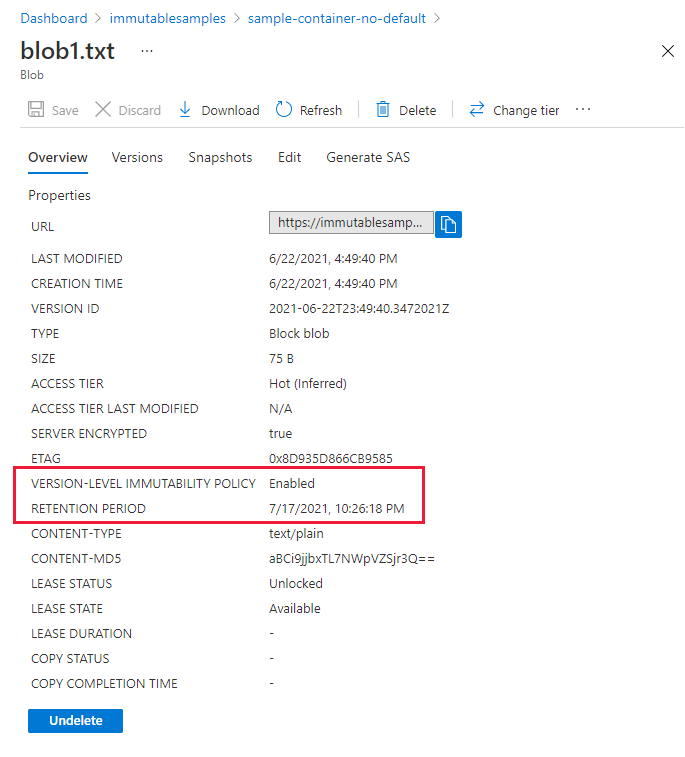 Screenshot showing immutability policy properties on blob version in Azure portal