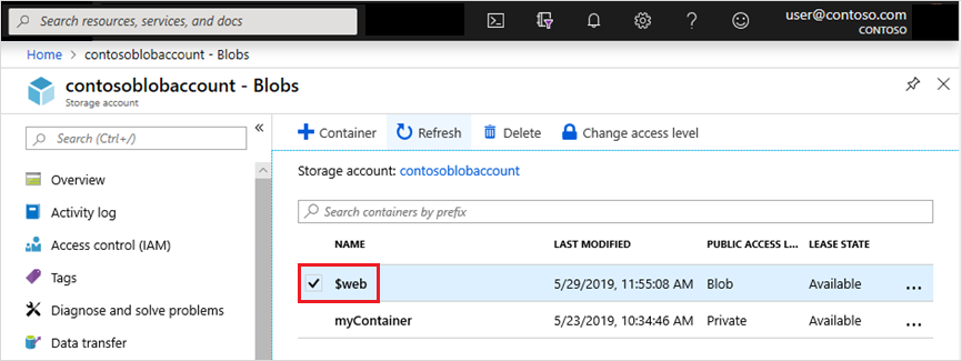 Screenshot showing how to enable static website hosting on a storage account using a blob storage container