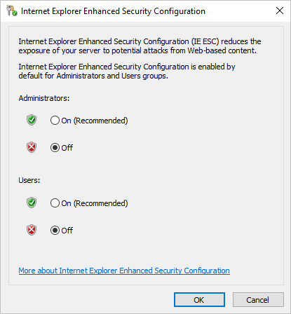 Screenshot of the Internet Explorer Enhanced Security Configuration pop-window with "Off" selected.