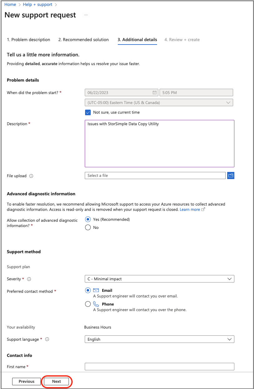 Screenshot of Support details in Azure portal.