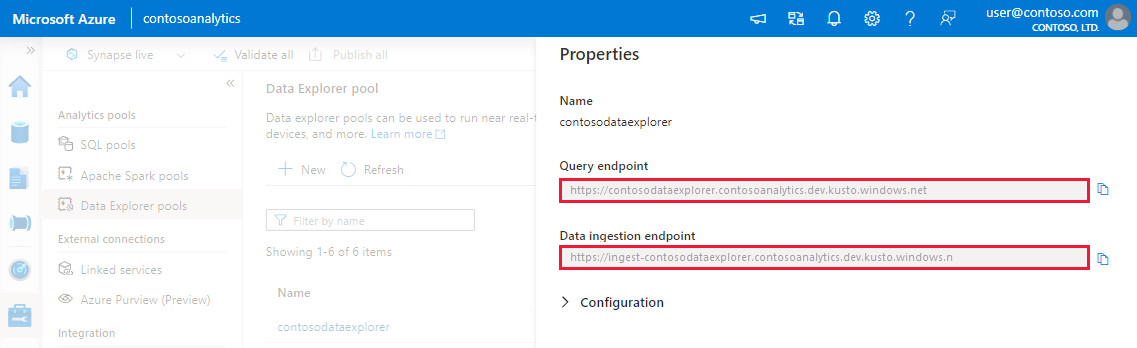 Screenshot of the Data Explorer pools properties pane, showing the Query and Data Ingestion URI addresses.