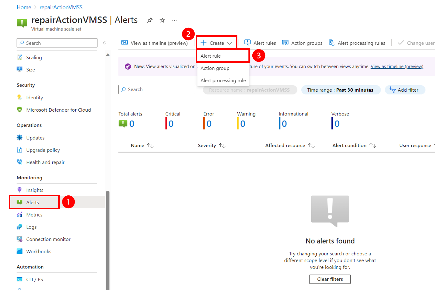 Create monitoring alert in the Azure portal