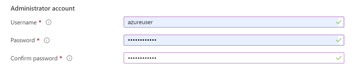 Screenshot of the Administrator account section where you provide the administrator username and password