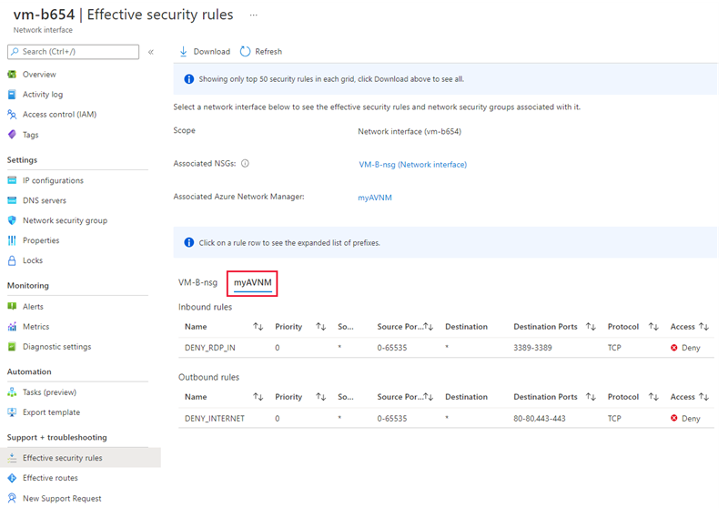 Screenshot of effective security rules associated to the virtual machine.