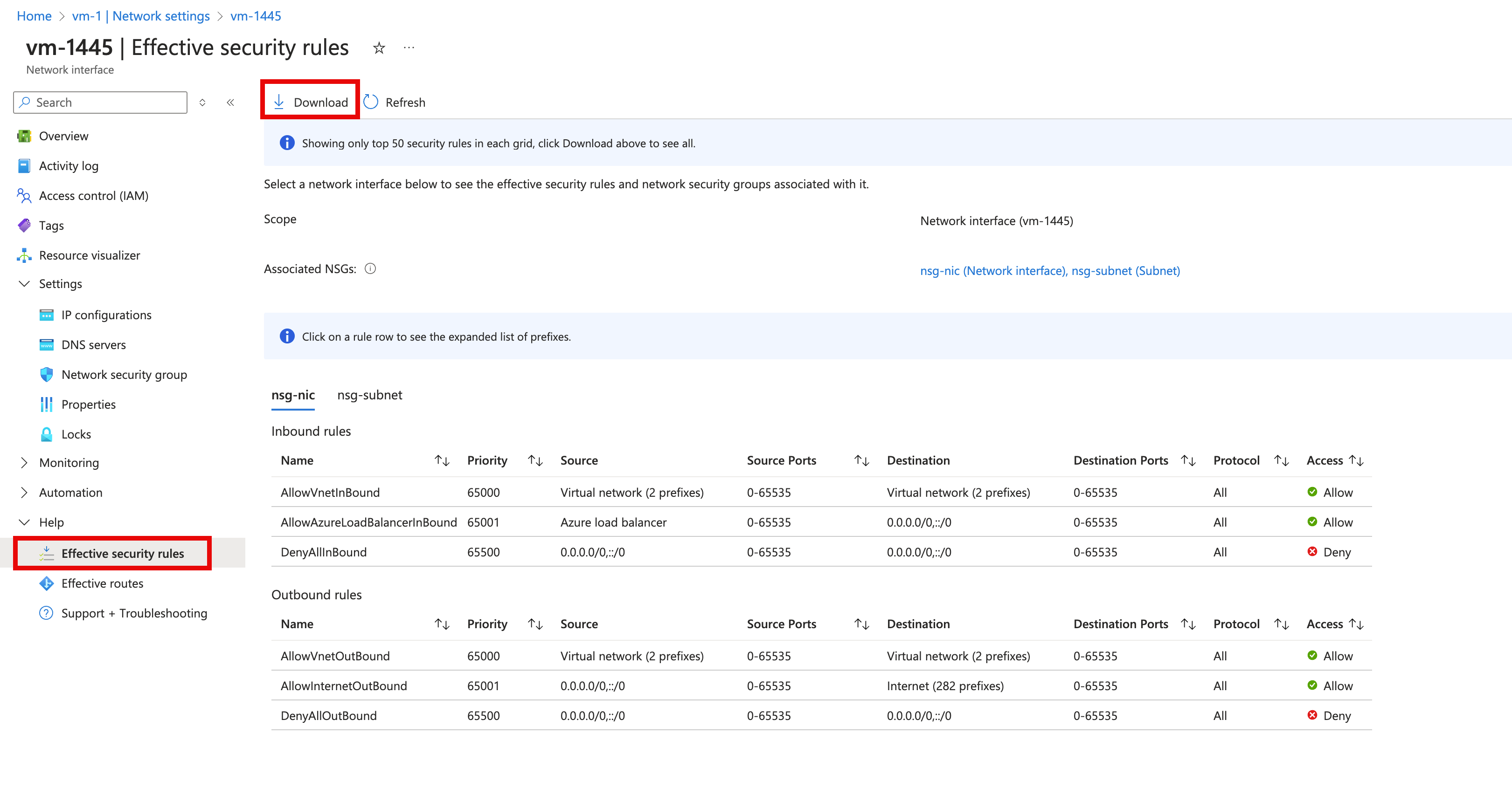 Screenshot shows the Effective security rules pane with Download selected and AllowAzureLoadBalancerInbound Inbound rule selected.