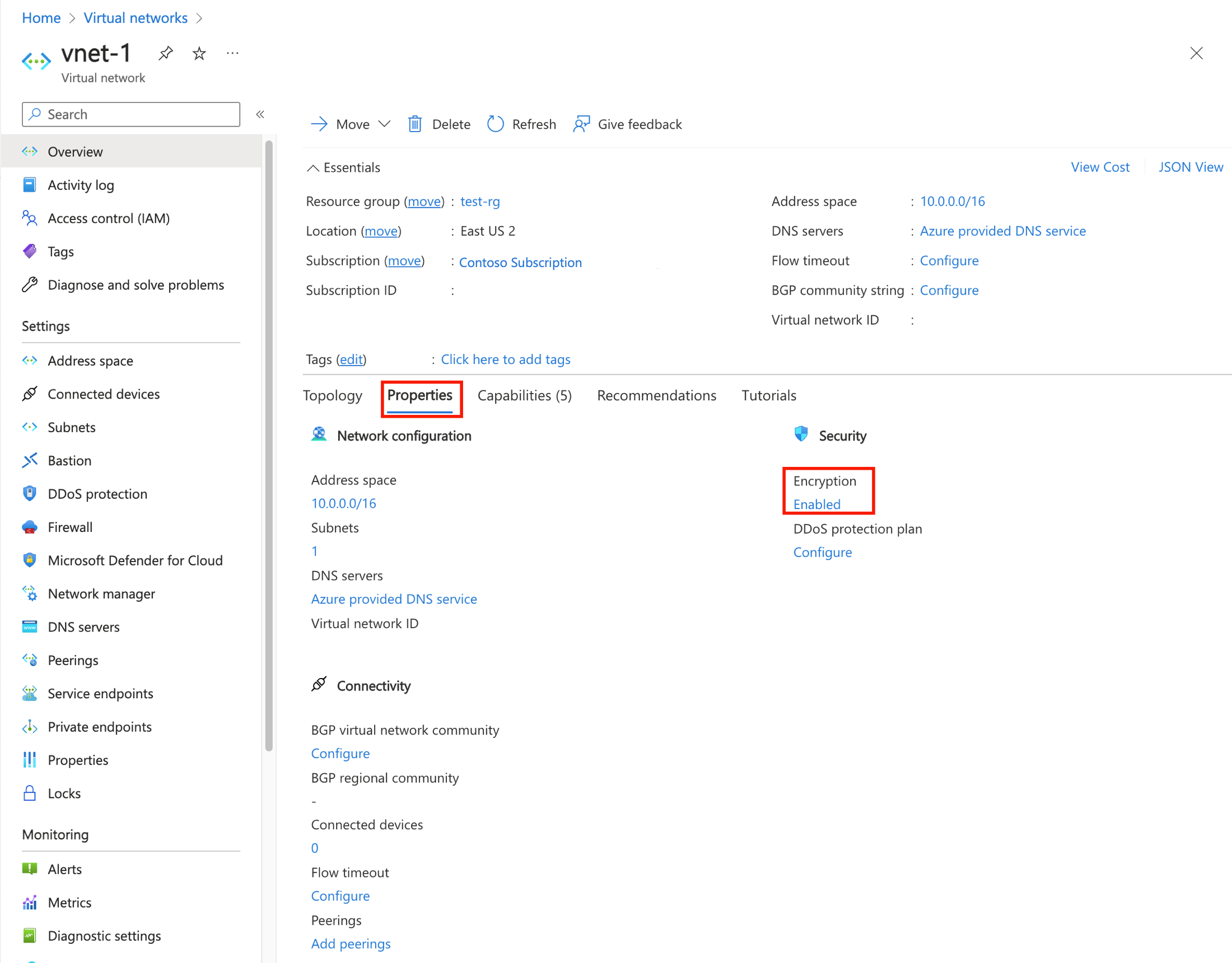 Screenshot that shows properties of the virtual network with Encryption st as Enabled.