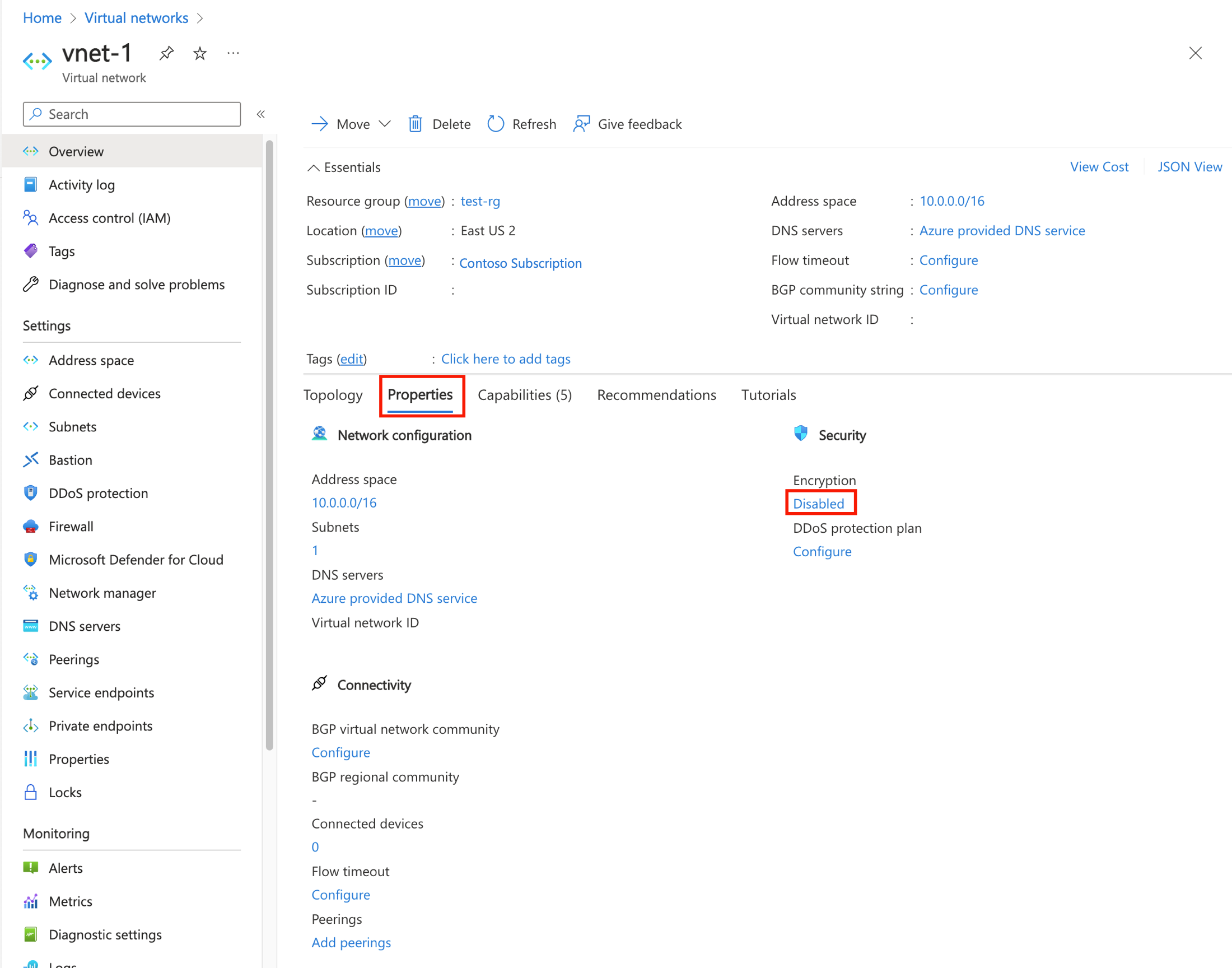 Screenshot that shows properties of the virtual network.