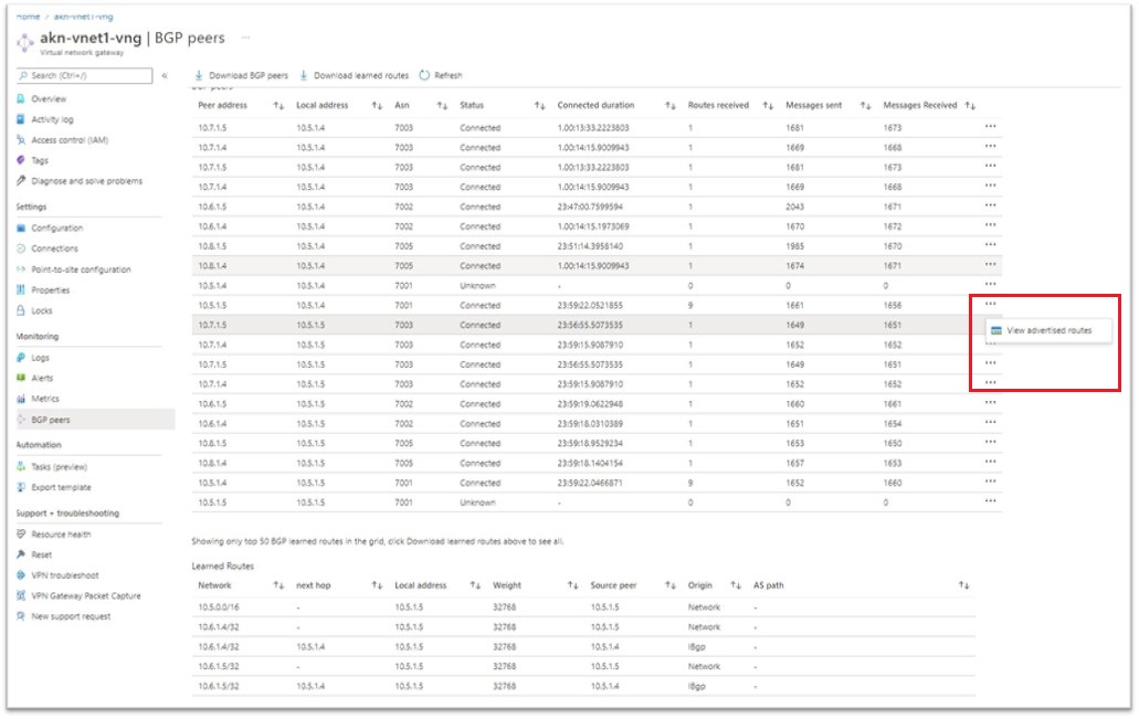 Screenshot showing how to view advertised routes.