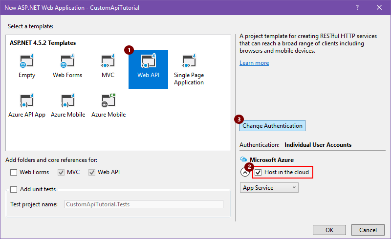 Screenshot showing the New ASP.NET Web Application dialog.