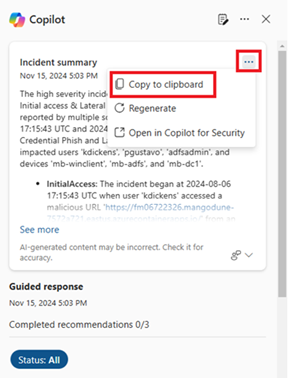 Screenshot of the Copilot pane with Copy function highlighted.