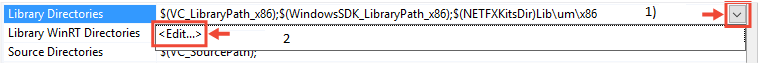 Detail of the Library Directories property drop-down with the Edit command highlighted.