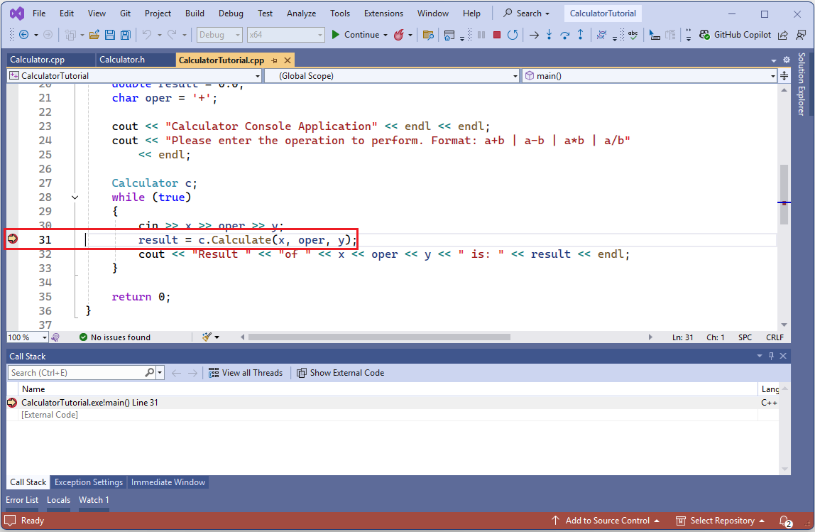 Screenshot of Visual Studio editor. Program execution halted at the conditional breakpoint on the line: result = c.Calculate(x, oper, y);.