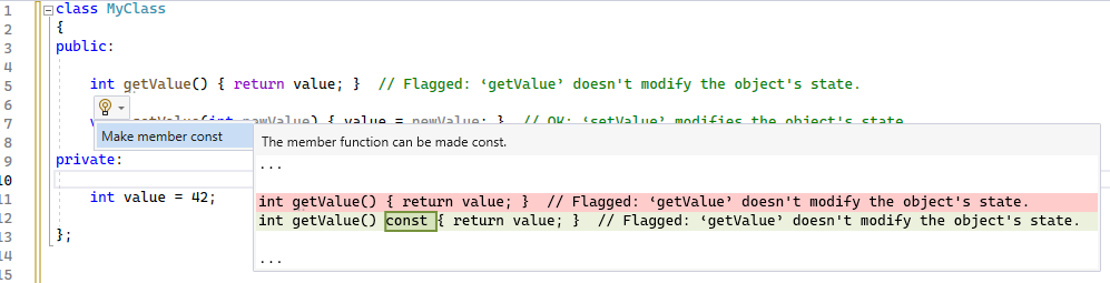 Screenshot of the editor suggesting to make member const.