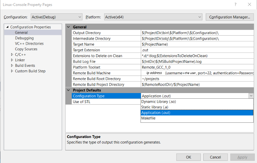 Screenshot of the Property Pages dialog General configuration.