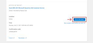 aftaleskærmen i Microsoft Learn-profilen. Der vises en eksamensaftale med knappen Gå til eksamen fremhævet.