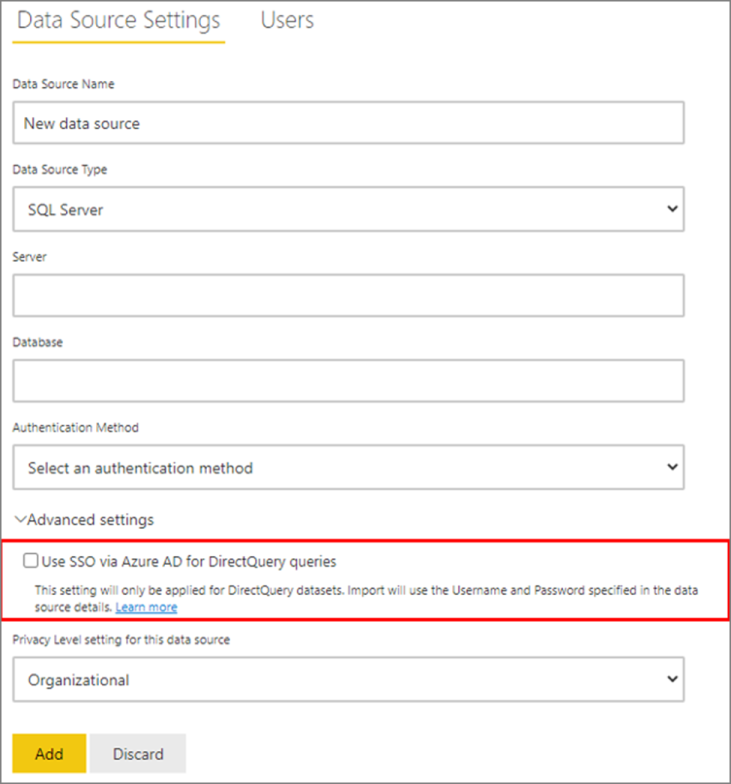 Skærmbillede af siden med indstillinger for datakilde med Brug SSO via Microsoft Entra ID for Direct-forespørgsler fremhævet.