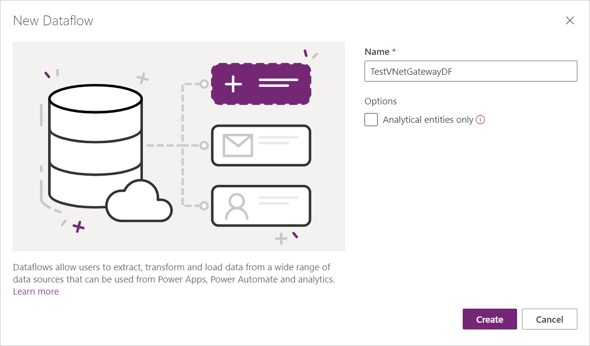 Skærmbillede, der viser dialogboksen Nyt dataflow i Power Apps, hvor navnet på det nye dataflow er angivet i tekstfeltet Navn.