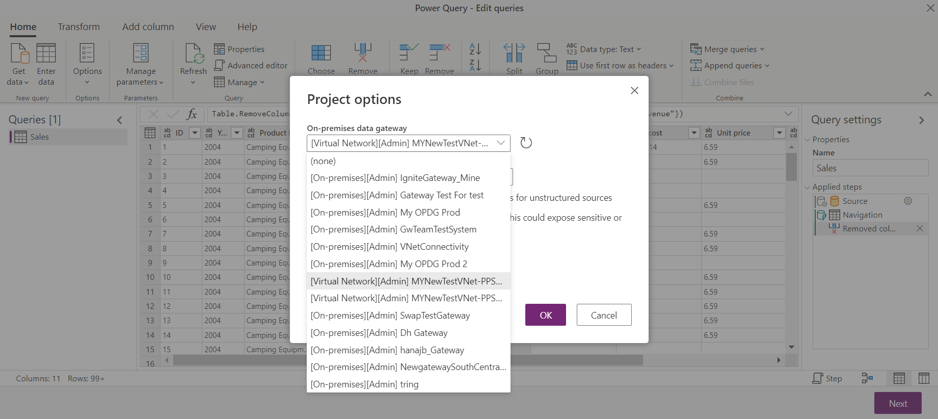 Skærmbillede, der viser dialogboksen Power Query Project-indstillinger, der indeholder indstillingerne for VNet-datagatewayen, som du kan ændre, mens du redigerer dit dataflow.