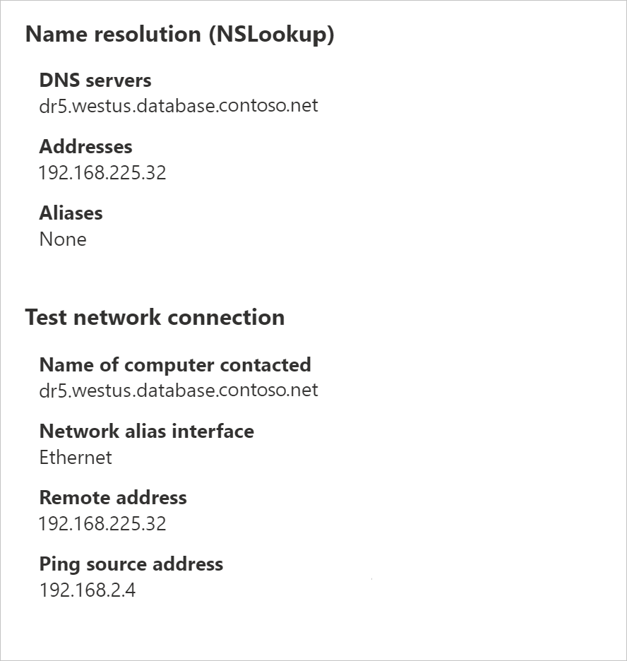 Billede af panelet Navnefortsættelse med værdier for DNS-servere, Adresser, Aliasser, Navn på den computer, der er kontaktet, Netværksaliasgrænseflade, Fjernadresse og Ping-kildeadresse.