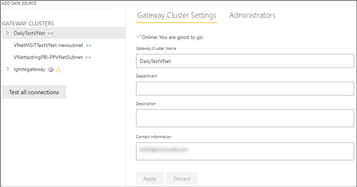 Skærmbillede af siden Indstillinger for gatewayklynge, hvor en virtuel netværksgateway er valgt, og gatewayens data vises.