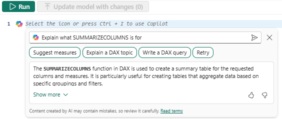 Skærmbillede, der viser en kort beskrivelse af DAX-funktionen SUMMARIZECOLUMNS.