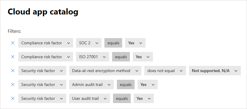 Skærmbillede, der viser katalogfiltre for cloudapps.