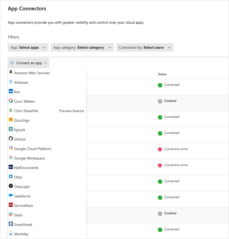 Skærmbillede af tilføjelse af app-connector.