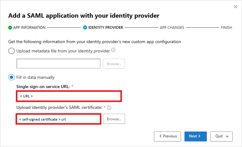 Tilføj URL-adressen til SSO-tjenesten og SAML-certifikatet.